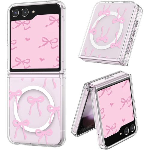 TRAHOO-Coque Magnétique pour Samsung Z Flip 7 FE/Z Flip 6/Z Flip 5 5G Transparent Étui avec Recharge sans Fil, Housse de Téléphone en Motif de N?ud Arc Papillon Antichoc Bumper Cover Case, Rose