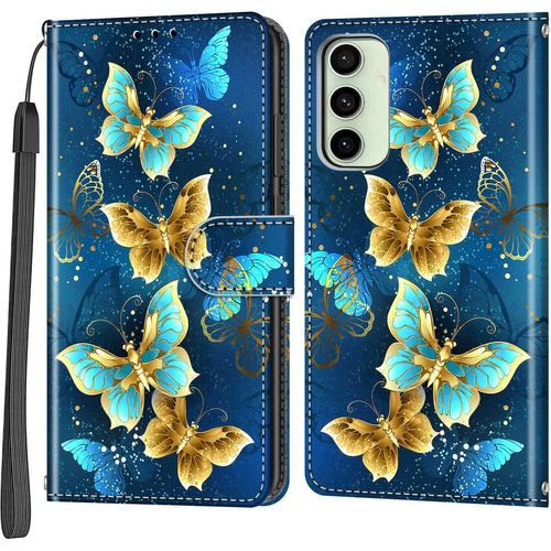 TRAHOO-Coque pour Samsung Galaxy S24 FE, Housse en Cuir PU Etui à Rabat Pochette de Antichoc Portefeuille avec Fentes pour Cartes Fonction Support Quatre Papillons