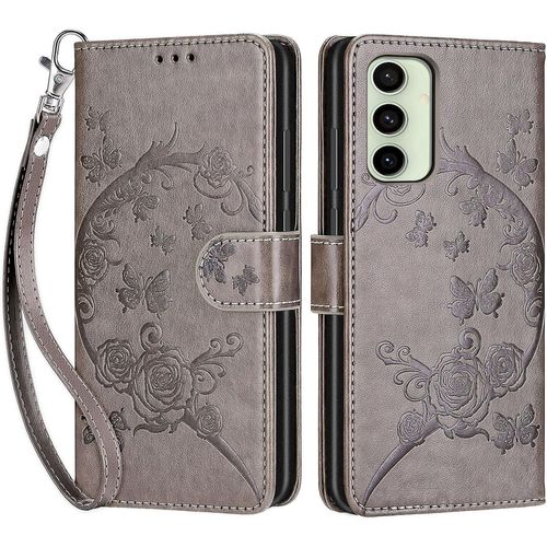 TRAHOO-Coque pour Samsung Galaxy S24 FE, PU de Haute Qualité [Fermeture Magnétique] [Etui à Rabat] [Pochette de Portefeuille], Étui de Protection pour Samsung S24 FE (Gris Fleurs)