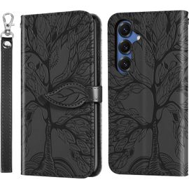 TRAHOO-Coque Samsung Galaxy S25 5G Arbre en Relief Housse en Cuir PU Samsung Galaxy S25 5G Étui à Fermeture Magnétique Portefeuille Étui à Rabat pour Samsung Galaxy S25 5G Noir