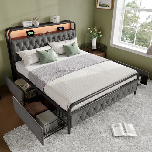 Lit lit double avec recharge usb type c chargement app-control led cadre de lit métallique 160×200 et 4 tiroirs velours gris