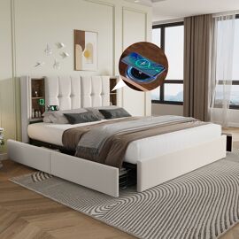 Lit lit double avec 4 tiroirs lit rembourré 160x200cm sommier à lattes en bois velours beige