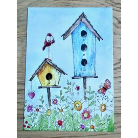 Carte Postale Art, Peinture. "Mon Voisin". Reproduction Aquarelle Peinte Par Christopher John Kuster . Maison, Oiseau, Papillon, Fleurs.