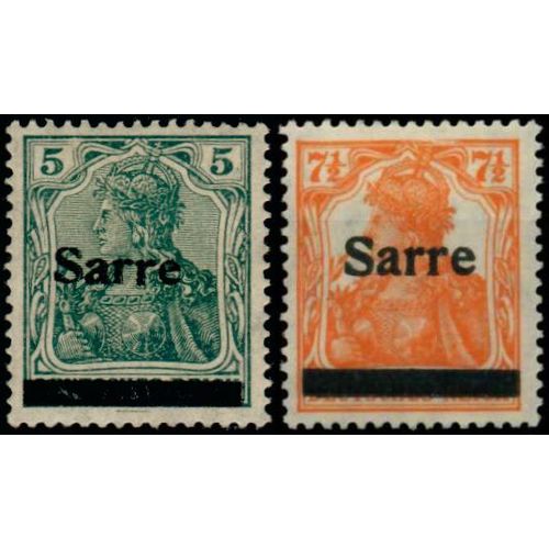Allemagne, Land De Sarre Sous Adm. Française 1920, Beaux Timbres Neufs* Yvert 4 Et 5, Types Germania 5 Pf. Vert Et 7 1/2 Pf. Orange, Surchargés "Sarre".