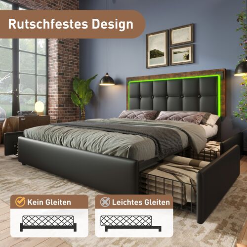 Lit lit avec rampe lumineuse led et 4 tiroirs lit double rembourré 140x200 cm tête de lit réglable en hauteur lit fonctionnel pu noir