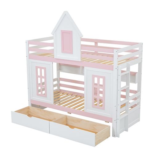 Lit superposé lit enfant 90x200cm avec toit et fenêtre avec barrière anti-chute deux tiroirs avec roulettes étagère ouverte pin rose