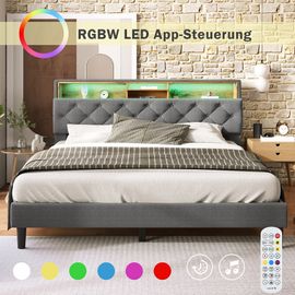 Lit lit double capitonné tête de lit de rangement avec cadre à lattes en bois avec lumière led, 140x200 cm gris (sans matelas)