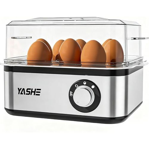 YASHE Cuiseur à ?ufs, capacité 8 ?ufs, en acier inoxydable. Pour ?ufs à la coque, mollets et durs, Fonction pocheuse, signal sonore, Bol à omelette et verre doseur inclus, Sans BPA