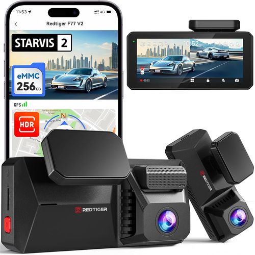 REDTIGER 4K+4K Dashcam Voiture Avant Arriere avec eMMC 256 Go,STARVIS 2 IMX678 avec Double HDR,Commande Vocale,Écran Tactile 4 Pouces,Wi-FI 5,8 GHz,GPS,Vision Nocturne HDR (F77 V2)