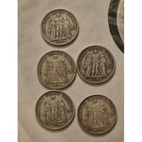 Lot De 5 Francs Hercule En Argent.