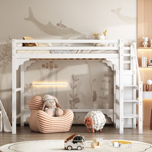 Lit surélevé 140x200cm avec escalier avec armoire lit d'adolescent espace de rangement blanc