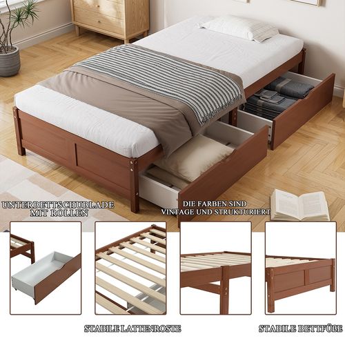 Lit avec tiroirs lit enfant 90x200 cm lit plat en bois deux tiroirs avec roulettes pin sommier à lattes robuste rouge-marron