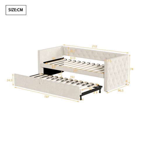 Lit gigogne lit lit banquette 90 x 200 avec sommier à lattes lit d'invité velours beige