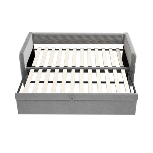 Lit gigogne lit lit banquette 90 x 200 avec sommier à lattes lit d'invité velours gris clair