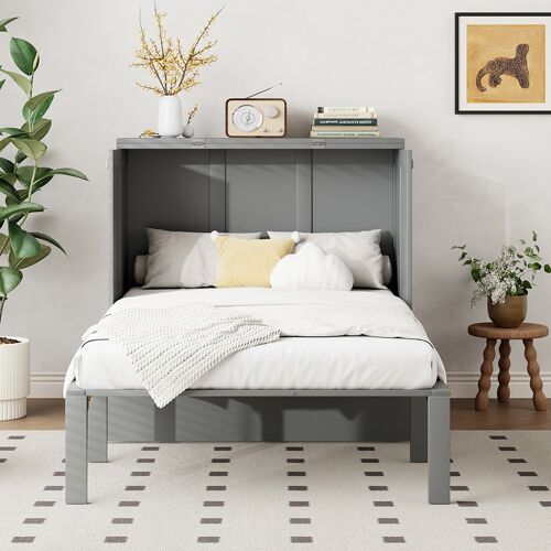 Lit gigogne lit 90 x 200 lit mural avec sommier à lattes armoire verticale bois gris