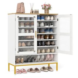 COSTWAY Meuble a Chaussure à 7 Niveaux - Portes en Maille, 5 Étagères Réglables, Pieds en Métal pour Entrée, Couloir, Salon, Blanc