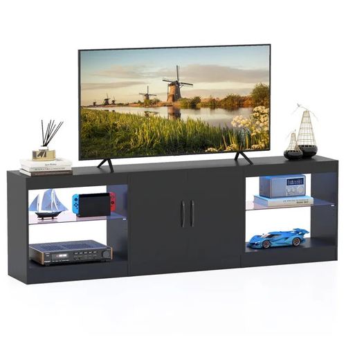 COSTWAY 65" Meuble TV LED avec 16 Couleurs, 2 Portes Magnétique, 4 Compartiments Ouverts, pour Salon, Chambre, Noir