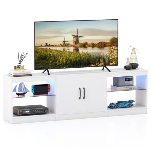 COSTWAY 65" Meuble TV LED avec 16 Couleurs, 2 Portes Magnétique, 4 Compartiments Ouverts, pour Salon, Chambre, Blanc