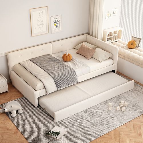 Lit gigogne lit enfant 90x200 cm lit de jour avec tiroir canapé-lit design minimaliste lit simple velours beige