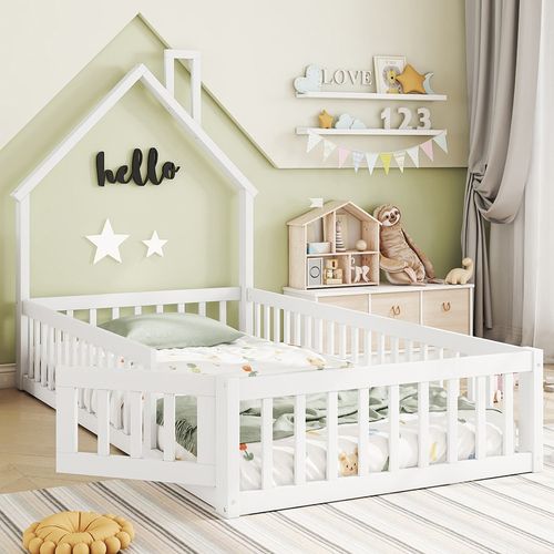 Lit cabane lit enfant simple 90x200 cm avec clôturé forme cheminée sommier à lattes pin blanc