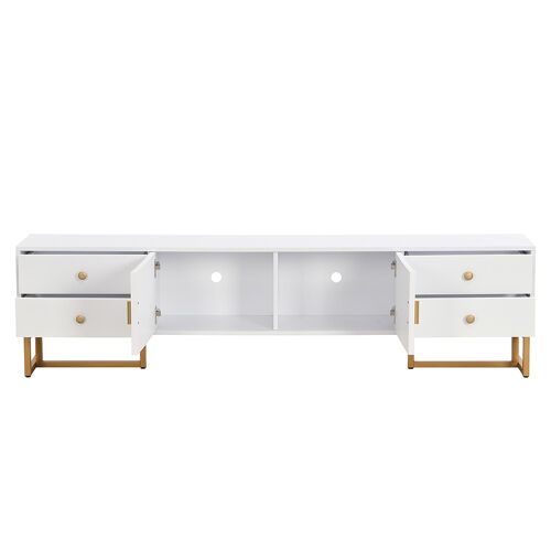 Meuble tv avec porte structurée avec tiroirs poignées dorées et pieds blanc