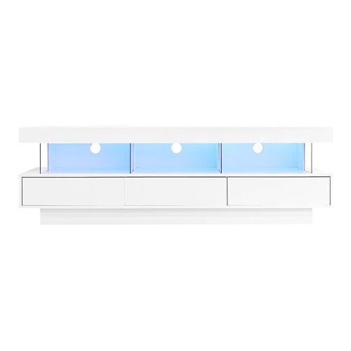 Meuble tv blanc brillante avec 3 compartiments en verre éclairage led connectée par bluetooth pour tv 70 pouces blanc