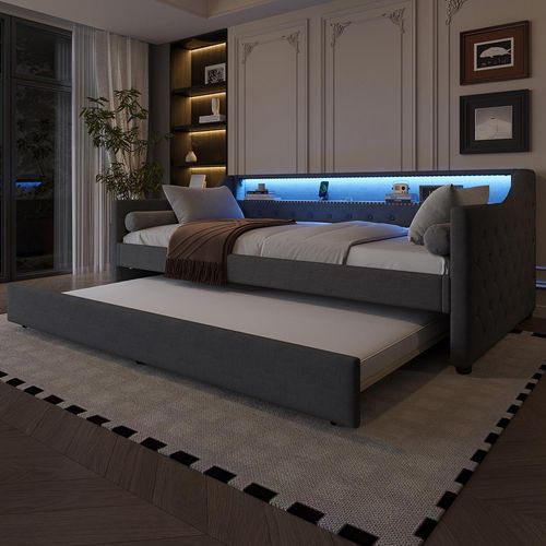 Lit 90 x 200 cm canapé-lit lit gigogne avec sommier à lattes éclairage d'ambiance avec télécommande lit prise de charge usb lin gris