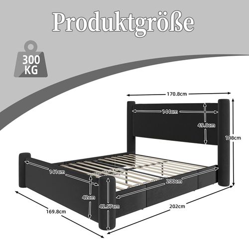 Lit avec tiroir 140x200 au design moderne design à colonnes 3d tête de lit rembourrée 2 tiroirs de rangement et ports usb intégrés noir