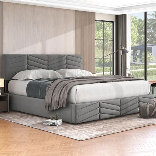 Lit Lit coffre double lit 180 x 200 cm tête de lit réglable en hauteur lit capitonné tissu velours gris