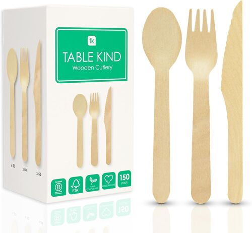 KALANKA-150 x Ensemble De Couverts En Bois Couteaux Fourchettes Cuillères Pour Fêtes D'Anniversaire Camping Pique-Niques, Barbecues, Noël, Ustensiles De Restauration 16 cm