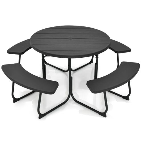 Ensemble Table De Pique-Nique Circulaire 190 X 76 Cm Pour 8 Personnes Design Moderne En Métal Noir Helloshop26 20_0011984
