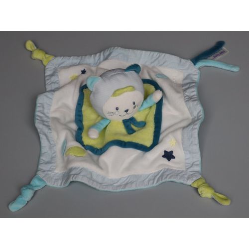 Doudou chat plat Sauthon Patachon bleu blanc vert