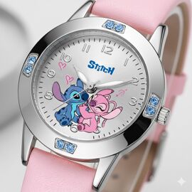 Montre Enfant Stitch & Angel ¿ Montre Fille Rose Quartz | Bracelet Cuir Végan | Design Disney