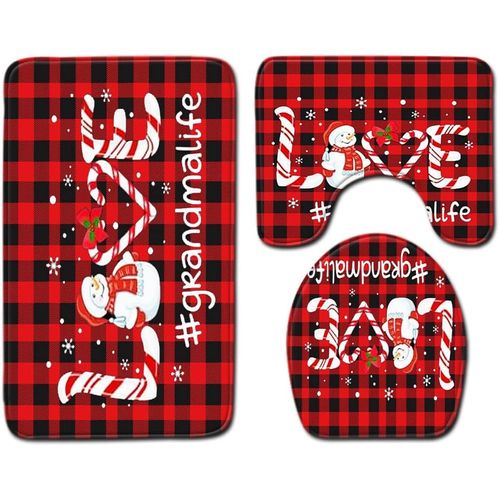 Set De Tapis De Salle De Bain De Noel 3 Pieces Avec Couvercle De Toilette Anti Derapant Et Absorbant En Plaid Rouge