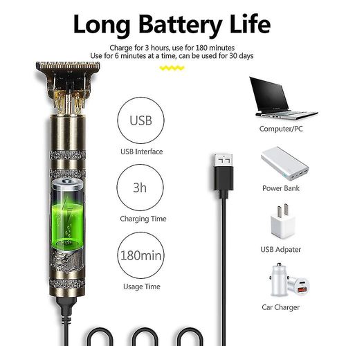 Tondeuse À Cheveux Électrique Sans Fil, Rechargeable Par Usb, En Bambou Noir.