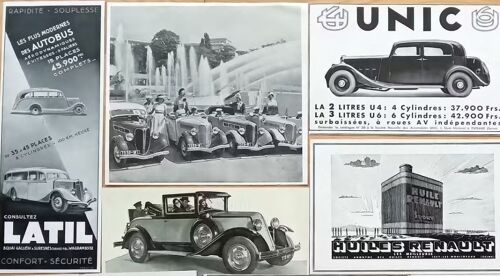 Gros Lot 45 Affiches Publicités Anciennes Années 30 : "Delahaye, Unic, Amilcar, Shell, Marchal, Klg, Renault" (Automobiles, Voitures, Vieux Tacots) (Vintage French Advertising)