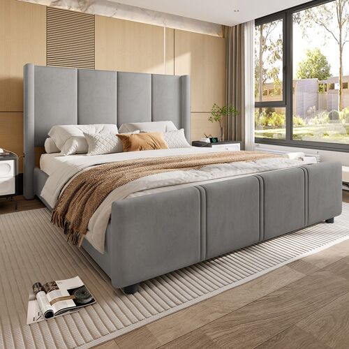 Cadre de lit rembourré 140x200 cm tête et pied de lit hauts port usb fer et bois gris
