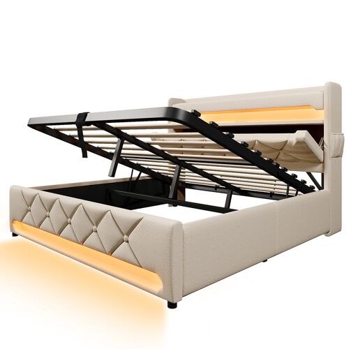 Lit coffre rembourré 180x200 avec led 360° et ports usb &amp; type-c tête de lit avec rangement lin beige