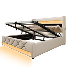 Lit coffre rembourré 180x200 avec led 360° et ports usb & type-c tête de lit avec rangement lin beige