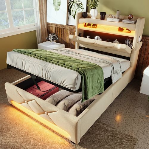 Lit coffre rembourré 90x200 avec led 360° et ports usb & type-c tête de lit avec rangement lin beige