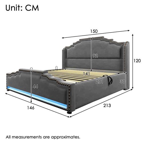 Lit coffre 140x200 lit double avec led et port de recharge usb-c lit pour adolescent avec sommier à lattes velours gris avec matelas