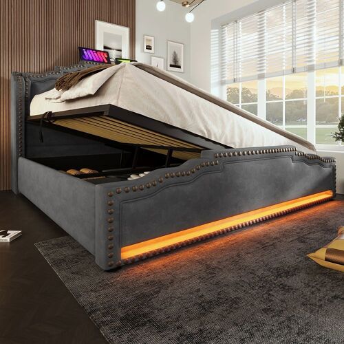 Lit coffre 160x200 lit double avec led et port de recharge usb-c lit pour adolescent avec sommier à lattes velours gris