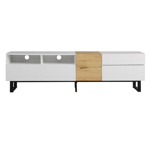 Meuble tv blanc et aspect bois 180 x 50 x 38 cm design minimaliste