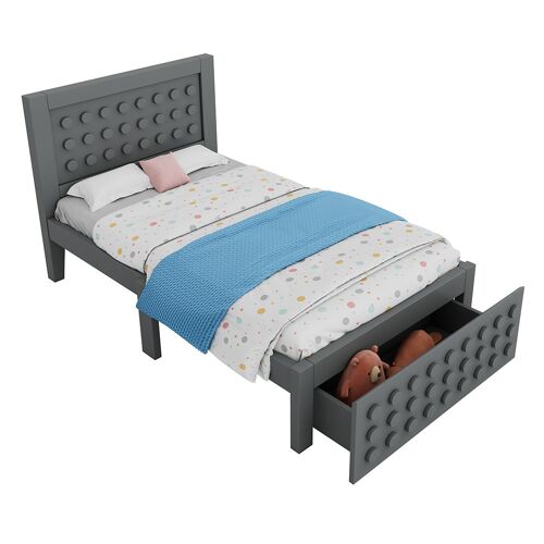 Lit avec rangement 90x200 cm lit enfantado avec design créatif en blocs cadre en bois massif avec sommier à lattes tiroirs gris