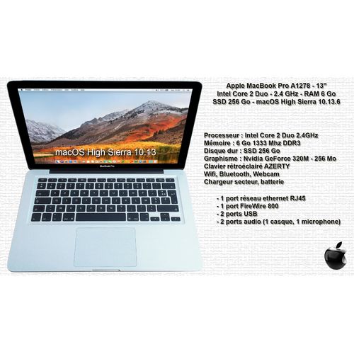 Apple MacBook Pro A1278 - 13" - Intel Core 2 Duo - 2.4 GHz - RAM 6 Go - SSD 256 Go