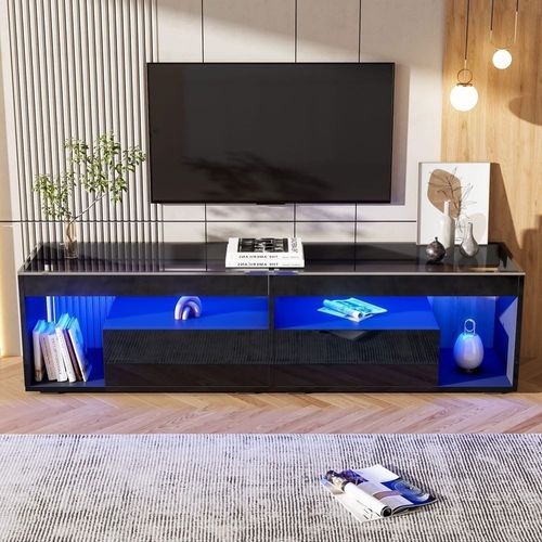 Meuble tv led brillant adapté aux téléviseurs jusqu'à 70 pouces meuble tv noir pour salon avec 2 tiroirs noir