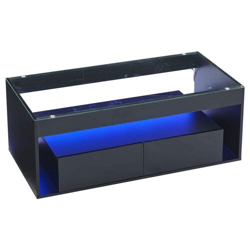 Table basse moderne avec éclairage led 16 couleurs avec 2 grands tiroirs table de salon spacieuse en verre design double couche brillante noir