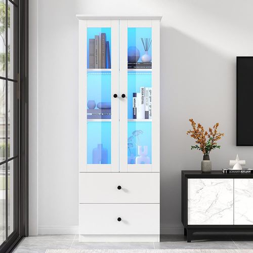 Vitrine moderne à led blanc mat avec port usb télécommande 16 couleurs vitrine en verre avec 2 tiroirs vitrine verticale avec étagères réglables vitrine avec portes battantes salon en mdf