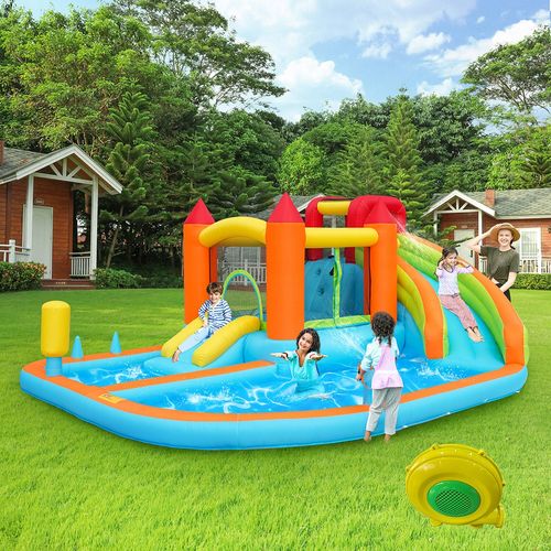 Château Gonflable Avec Soufflerie Toboggan Aquatique Trampoline Panier De Basket Pistolets À Eau Double Piscine Pour Utilisation Sèche Et Humide Orange
