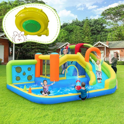 Château Gonflable Parc Aquatique Enfants Avec Soufflerie Trampoline Toboggan Mur De Lancer Mur Descalade Panier De Basket Soufflerie 450 W Incluse Bleu